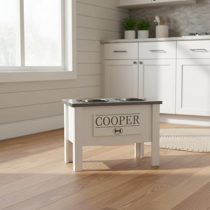 GrooveThis Woodshop - Personalized Elevated Dog Bowl Stand for Large, Medium, Small, X-Small Dogs - Stainless Steel Food and Water Bowls - Raised Dog Dish (X-Large, Grey)