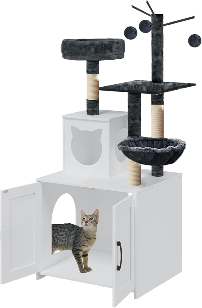 Cat Tree with Litter Box, Wood Litter Box Enclosure with Food Station, Modern Cat Tower for Indoor Large Cats with Large Platform,Cat Condo with Scratching Posts, Hammock, Caves, Basket,White