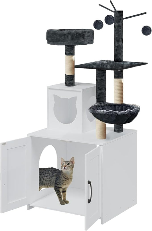Cat Tree with Litter Box, Wood Litter Box Enclosure with Food Station, Modern Cat Tower for Indoor Large Cats with Large Platform,Cat Condo with Scratching Posts, Hammock, Caves, Basket,White