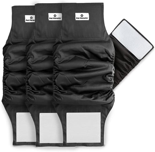 Pet Parents Washable Belly Bands for Dogs (3pack) + Extendrs Durable Dog Diapers, Premium Dog Diapers & Wraps (X-Large, Black)