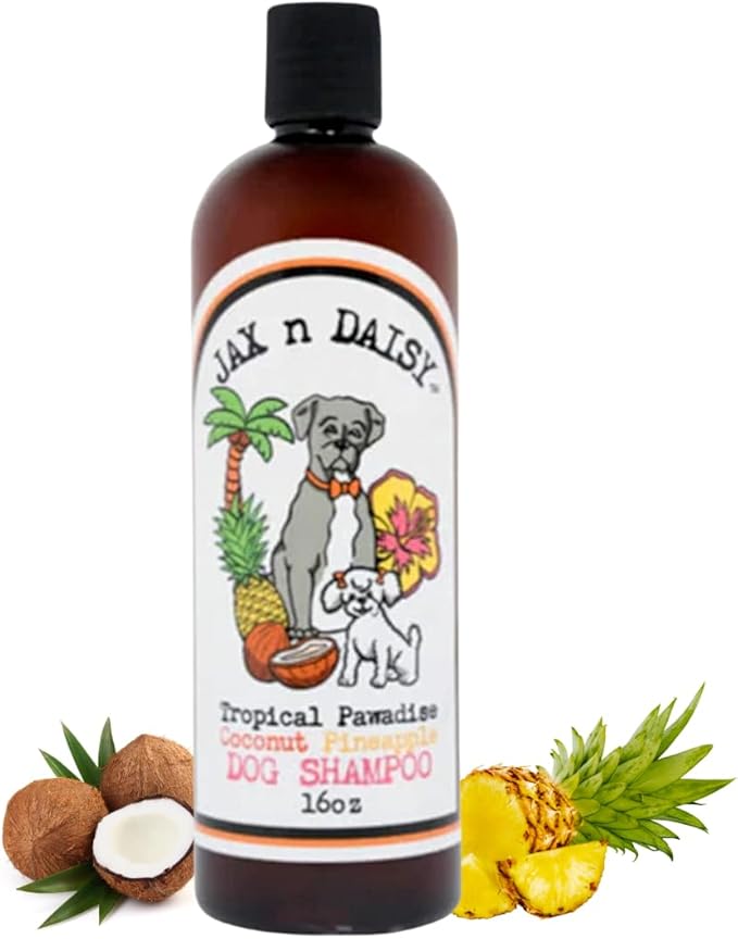 Jax n Daisy Tropical Pawadise Coconut Pineapple Dog Shampoo pet Shampoo for Dogs Dog Shampoos Conditioners Made with Essential Oils Grooming kit Adult and Puppy 16 oz Bottle