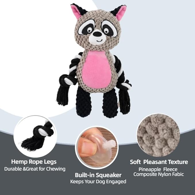 Plush Raccoon Dog Toy with Rope Arms, Squeaky Interactive Pet Toy, for Small & Medium Dogs