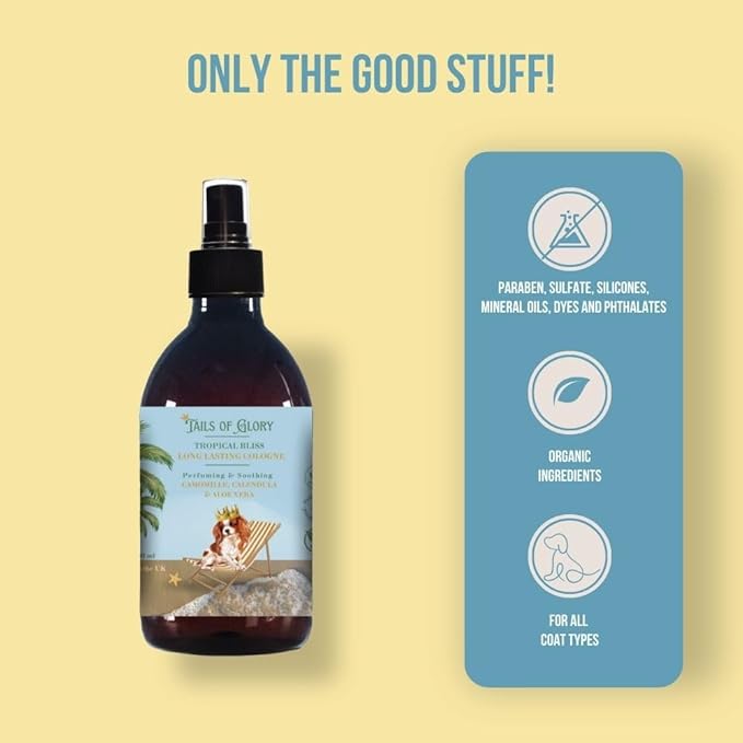 -100% Natural Dog Cologne Spray - Tropical Bliss Dog Perfume - Calming- Vegan - Chamomile, Calendula & Aloe Vera calming - Pet Deodorizing Spray - Made in the UK - 10 Fl Oz