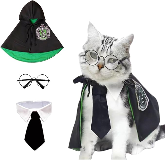 ANIAC 3PCS Halloween Dog Costume Cat Wizard Cape Glasses and Necktie Set Halloween Puppy Outfit Pet Academy Magician Cosplay Apparel for Kitten Cat Small Dogs (Black+Green, Small)