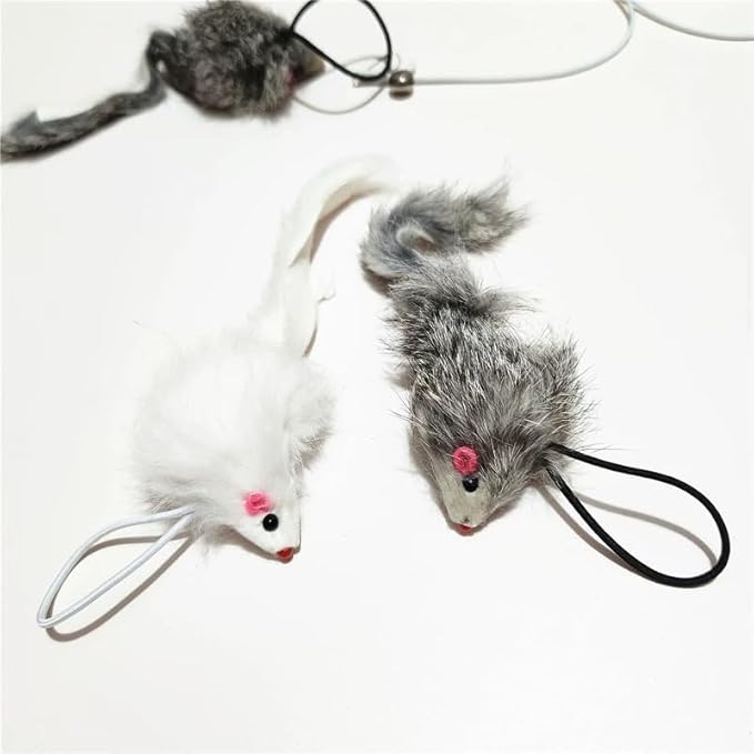 Real Rabbit Fur Mouse Cat Toy - 5 Pack with Crinkle Sound, Rattle & Rope, Extra-Wide Durable Tail, Interactive Hunting Toys for Indoor Cats (No Catnip)