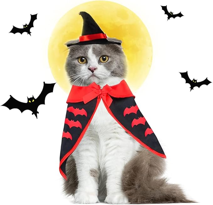 Pet Halloween Costumes Dogs Cats Halloween Vampire Pets Costume Cape with Black Red Witch Hat Wizard Cats Cosplay Clothes Apparel for Small Dogs Cats Halloween Party Decorations