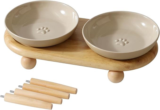 Raised Ceramic Wide Whisker Friendly Cat Dishes, Anti-Slip Food& Water Bowl with 2 Style Stand Adjustable Pet Bowl Set(2Dish+Stand, Vintage Latte)