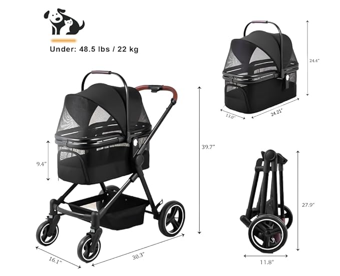Foldable Dog Stroller, 3 in 1 Pet Stroller for Small Medium Dog Cat up to 50lbs, Detachble Portable Pet Bag, Storage Basket and One-Button Folding Frame