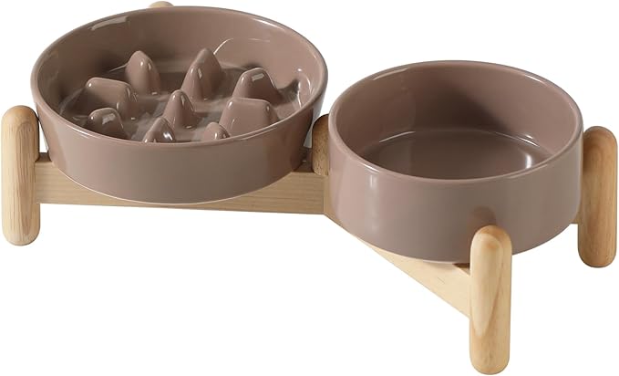Ceramic 0.9 Cup Raised Slow Feeder Dog Bowl Set, Elevated 5.1inch Bowl and 6.1inch Slow Pet Food Dish with Wooden Stand for Small Dog and Cat(2 x Brown Coffee+ Stand)