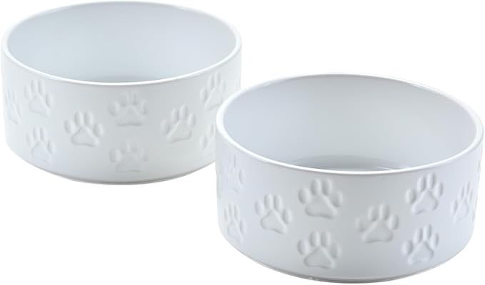 SPUNKYJUNKY Ceramic Dog and Cat Bowls 2 Pack, 5.1'' Dog and Cat Food Water Double Feeding Bowls Non-Slip for Cats and Puppy Small Sized Breed Dogs Microwave Dishwasher Safe - 13.5 OZ, 2pcs, Paw White