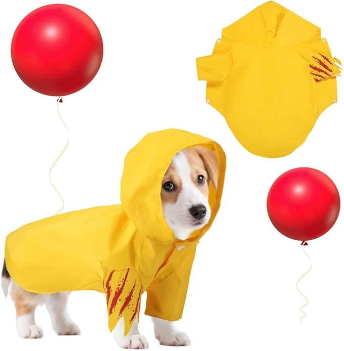 Halloween Dog Costumes,Creepy Pet Bloodstain Raincoat Hooded with Red Balloon for Little Dogs Cats Puppy Cosplay Party Pet Supplies Accessories