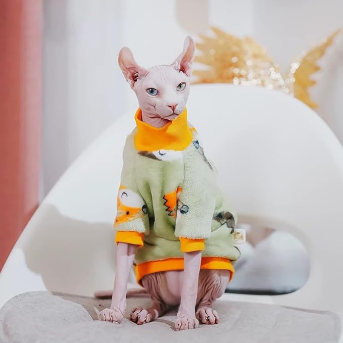 Sphynx Cat Warm Turtleneck Sweater, Thick Soft Double-Sided Fleece Clothes for Cats, Two-Legged Winter Onesie for Cats and Small Dogs,Pjs for Cats and Puppy (Fox, M (3.5-5lbs))