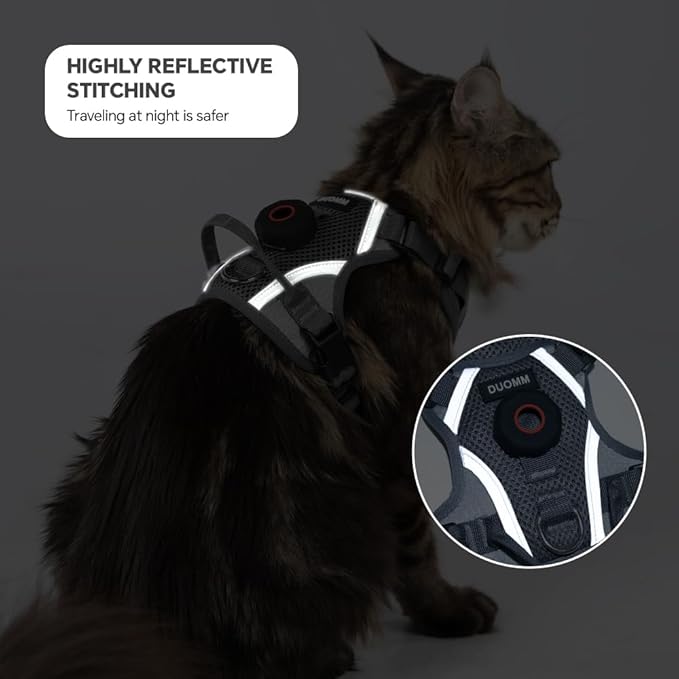 Cat Harness and Leash Set with AirTag Holder: Upgraded Escape Proof Vest with Lead for Small Dog Puppy Large Cat Walking，Soft Breathable Mesh Coat with Reflective Strip (Grey, M)