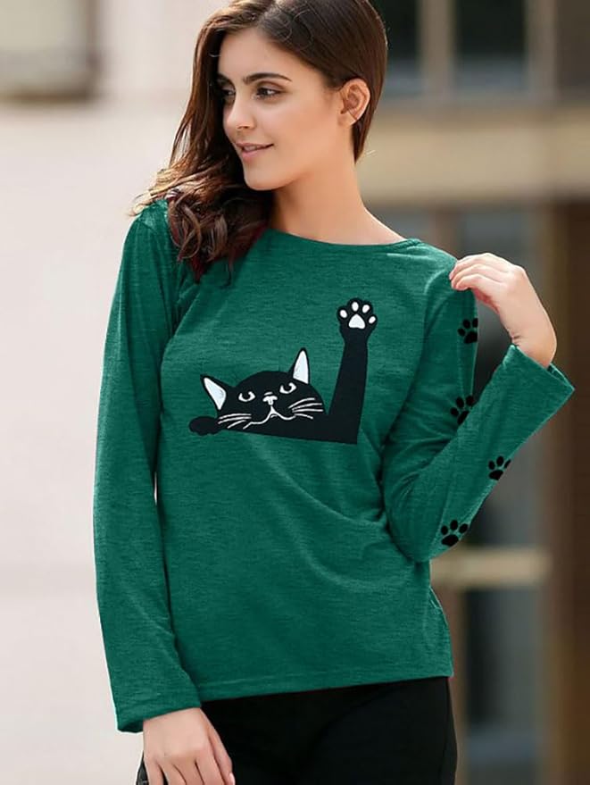 JINTING Cat Shirts for Women - Loose Fit Lightweight Long Sleeve Graphic Tee Fall Printed Crewneck Blouse Casual Tops