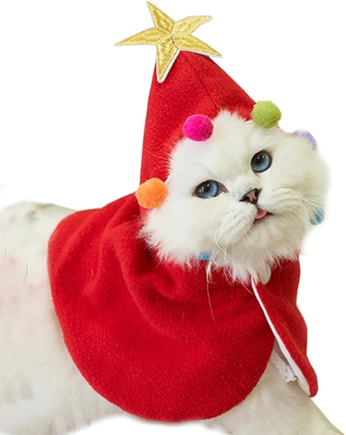 ANIAC Pet Dog Christmas Costume Puppy Xmas Cloak with Star and Pompoms Cat Santa Cape with Santa Hat Red Doggy Outfit Winter Cat Clothes for Kitten and Small to Medium Sized Dog (Large, Red)