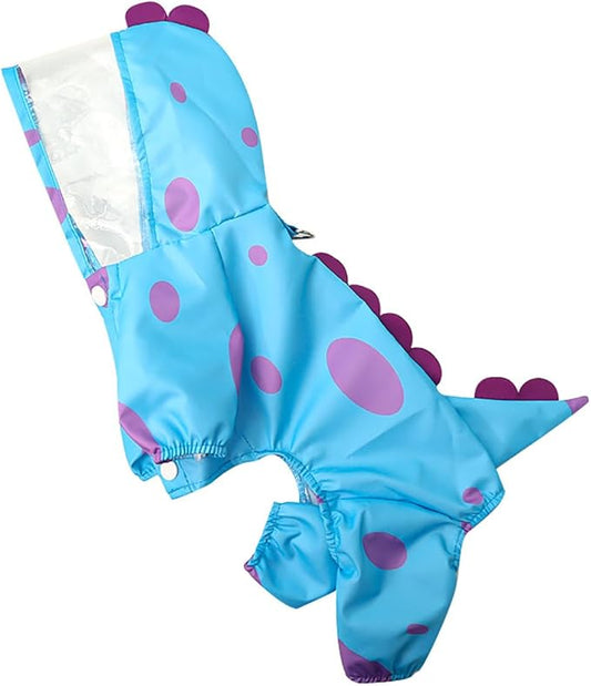 XIAOYU Funny Dinosaur Dog Raincoat with Hood & Harness D-Ring, Waterproof Rain Jacket for Small Dogs Cats, 4 Leg Jumpsuit Lightweight Waterproof Clothes, L