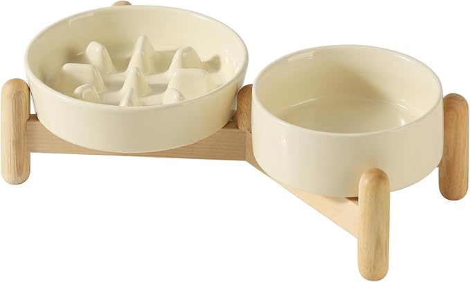 Ceramic 0.9 Cup Raised Slow Feeder Dog Bowl Set, Elevated 5.1inch Bowl and 6.1inch Slow Pet Food Dish with Wooden Stand for Small Dog and Cat (2 x Beige+ Stand)
