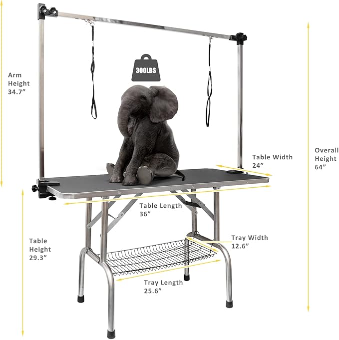 ROOMTEC 36" Dog Grooming Table,Foldable Home Pet Bathing Station with Adjustable Height Arm/Noose/Mesh Tray