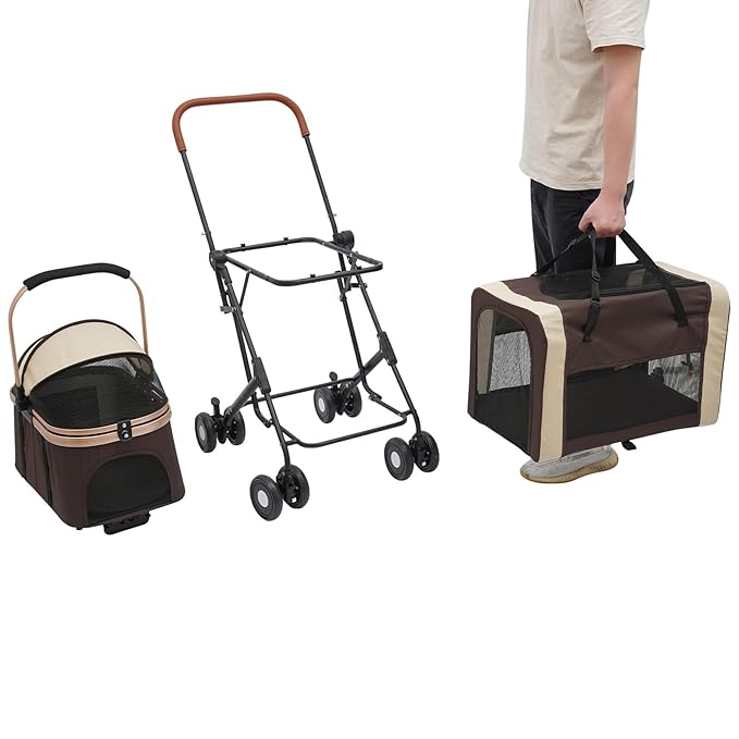 Double Pet Stroller for Small Medium Dogs & Cats, 3 In1 Detachable Pet Strollers with 2 Carriers and 360° Wheels, 77 Lbs Capacity Outdoor Cat Dog Carts Lightweight (Coffee Color)