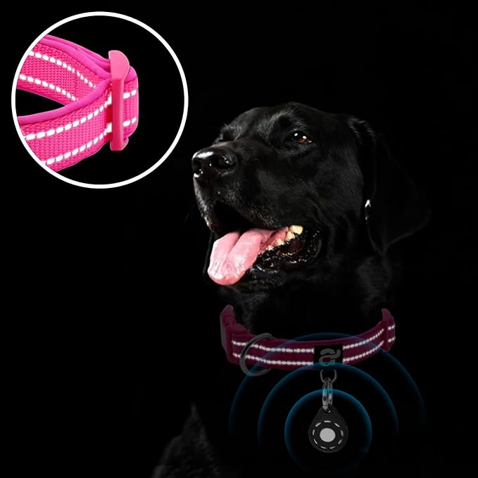 azuza Reflective Dog Collar with Airtag Holder, Soft Neoprene Padded Pet Collar with ID Tag Ring, Adjustable for Medium Dogs,Hot Pink,M