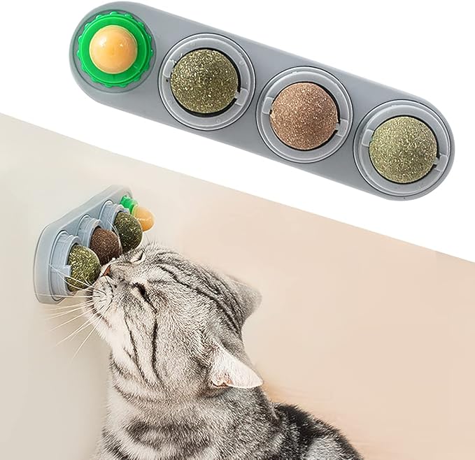 Potaroma 4 Catnip Silvervine Ball Toys, Extra Cat Energy Ball, Edible Cats Lick Kitten Chew, Teeth Cleaning Dental Wall Treats, Concentrated Flavor for All Breeds