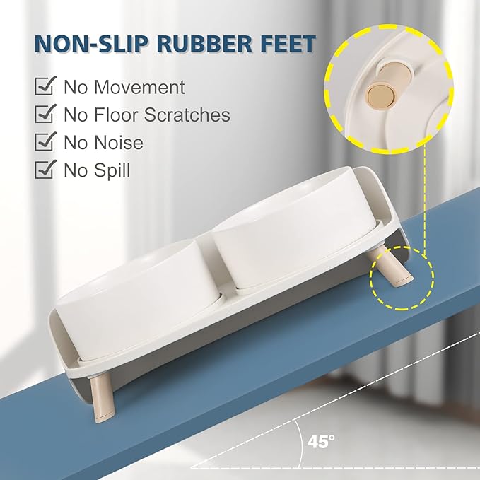 Raised Cat Food and Water Bowl Set - Elevated Ceramic Dishes With Non-Slip Stand and Splash Guard for Small Dogs - 2 x 480 ML (16.2 OZ)