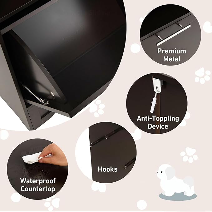 Dog Food Cabinet Feeding Station with 2 Raised Bowls, Pull Out Elevated Dog Bowl, Storage, 3 Hangers, Pet Feeder Toy Leashes Organizer, Brown