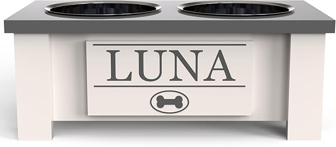 GrooveThis Woodshop - Personalized Elevated Dog Bowl Stand for Large, Medium, Small, X-Small Dogs - Stainless Steel Food and Water Bowls - Raised Dog Dish (Small, Grey)