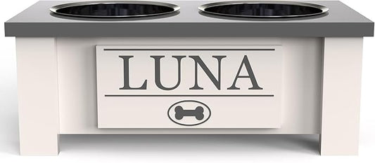 GrooveThis Woodshop - Personalized Elevated Dog Bowl Stand for Large, Medium, Small, X-Small Dogs - Stainless Steel Food and Water Bowls - Raised Dog Dish (Small, Grey)