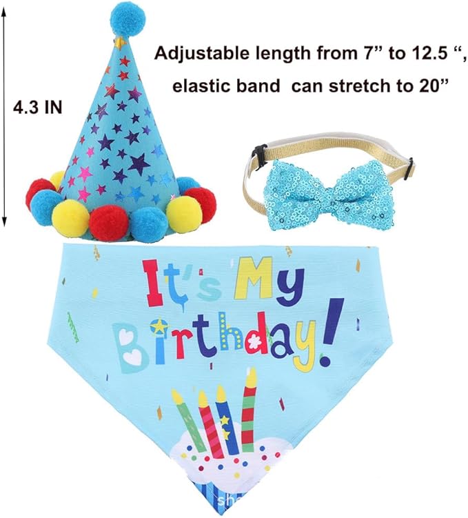 Dog Birthday Decorations, Puppy Birthday Party Outfits,Birthday Hat/Bow Tie/Bandana/Happy Birthday Banner,Pet Theme Suit Apparel & Accessories for Boy Golden Doodle Teddy Husky Labrador (4PCS Blue)