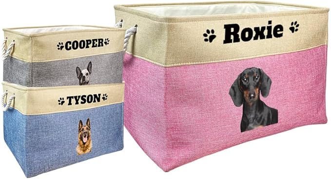 Custom Dog Basket for Toys Collapsible Storage Bin Grey Pink Blue Rectangular Pet Dog Storage Organizer Box with Handles Extra Large Customized Name & Real Dog Breed
