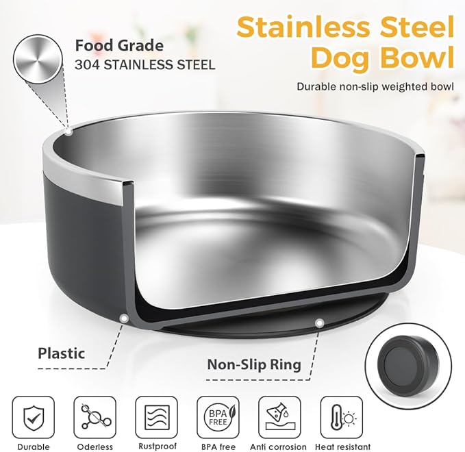 IKITCHEN Dog Bowl for Food and Water, 64 Oz Stainless Steel Pet Feeding Bowl, Durable Non-Skid Insulated Heavy Duty with Rubber Bottom for Medium Large Sized Dogs (64 Ounces/8 Cup, Grey)