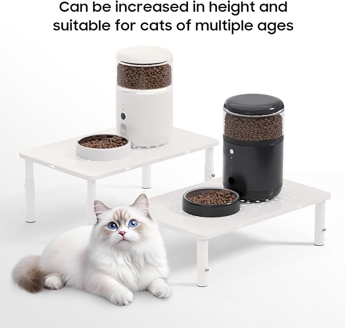 ‌Adjustable Automatic Cat Feeder Stand - Non-Slip Elevated Holder for Cats/Puppies, Fits Most Automatic Feeders & Water Dispensers, White(Holder ONLY)