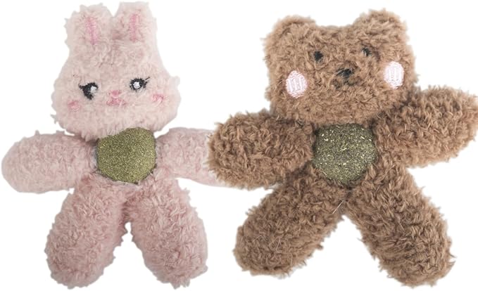 Cat Toys with Catnip Kitten Chew Bite Supplies Boredom Relief Fluffy Kitty Teeth Cleaning Chewing Cat Lovers Interactive Plush Gift (Rabbit&Bear)