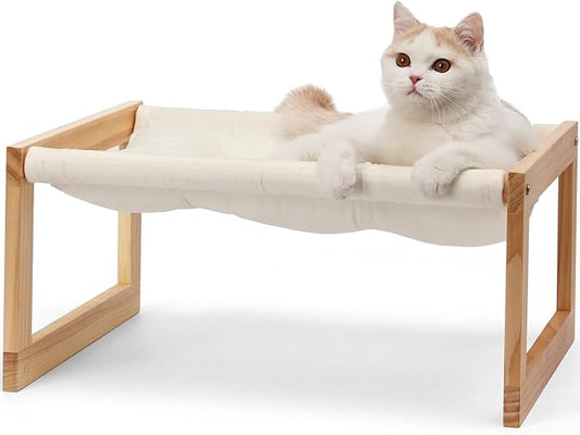 FUKUMARU Cat Bed with Removable Cover, Plush Velvet Couch for Indoor Cats, Wooden Feline Hammock, 21 x 16.5 Inch Kitten Sofa, Suitable for Kitty, Dog, Bunny and Small Animal, White