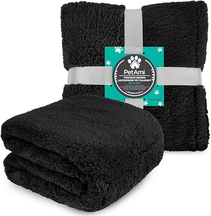 PetAmi Fluffy Waterproof Dog Blanket for Medium Large Dogs, Soft Warm Pet Sherpa Throw Pee Proof Couch Cover, Reversible Cat Bed Blanket Sofa Protector, Plush Washable Pad (Black, 40x60)