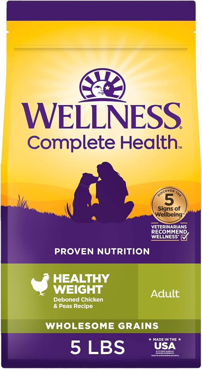 Wellness Complete Health Dry Dog Food with Grains, Natural Ingredients, Made in USA with Real Meat, All Breeds, For Adult Dogs (Healthy Weight - Chicken & Potatoes, 5-Pound Bag)