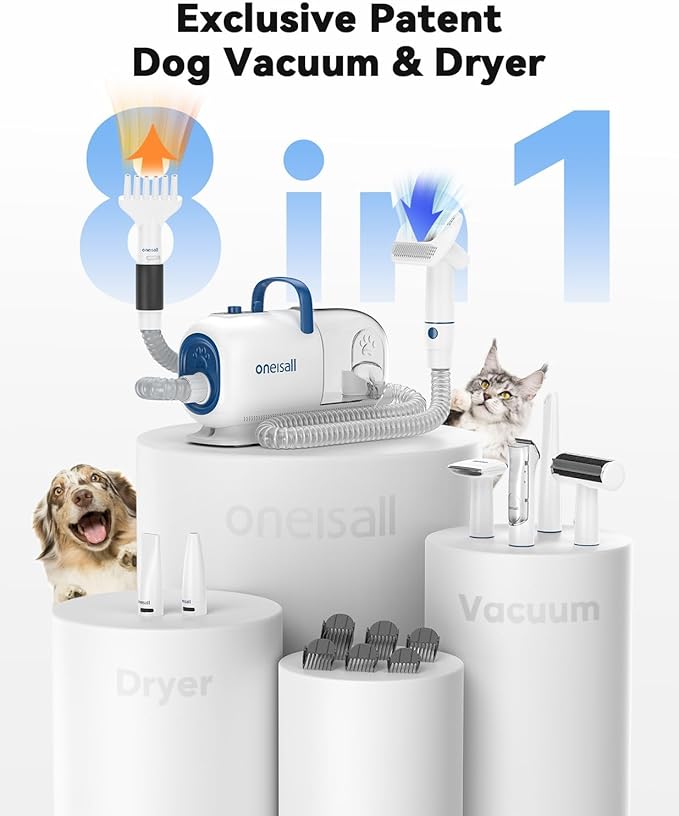 oneisall Dog Vacuum & Dryer for Shedding Grooming, 8 in 1 Dog Grooming Kit with Metal Blade Pet Clippers, Adjustable Speed and Temperature Control Blower