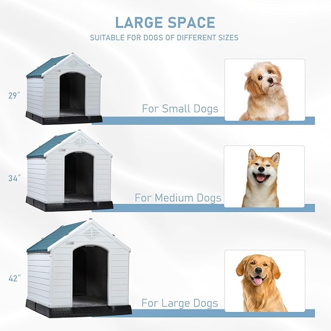 LEMBERI Durable Waterproof Plastic Dog House for Small to Large Sized Dogs, Indoor Outdoor Doghouse Insulated Puppy Shelter with Elevated Floor, Easy to Assemble (Blue with Liner, 42''L*38''W*39''H)