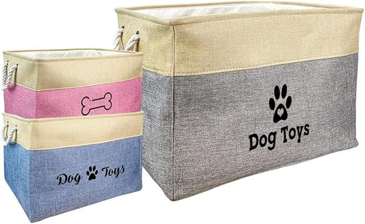 Dog Basket for Toys My Dog Stuff Collapsible Storage Bin Grey Pink Blue Rectangular Pet Storage Organizer Box with Handles Extra Large