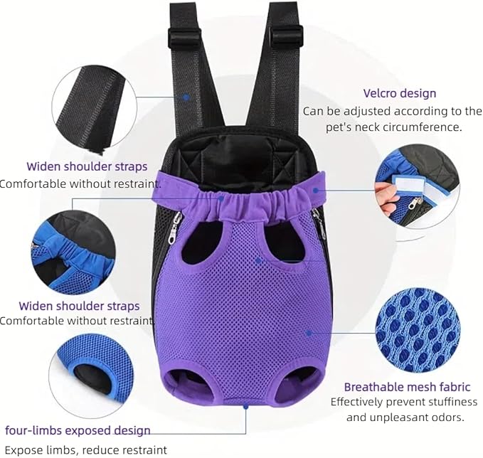 Pet Dog Carrier Backpack, Portable Breathable Mesh Chest Carrier, Polyester Woven Double Shoulder Pet Bag for Outdoor Adventures (Purple, Large)