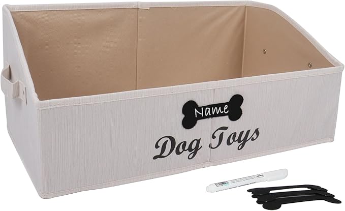 Collapsible Dog Toy Box - Fabric Storage for Toys/Blankets/Leashes - Personalizable - Slub Beige