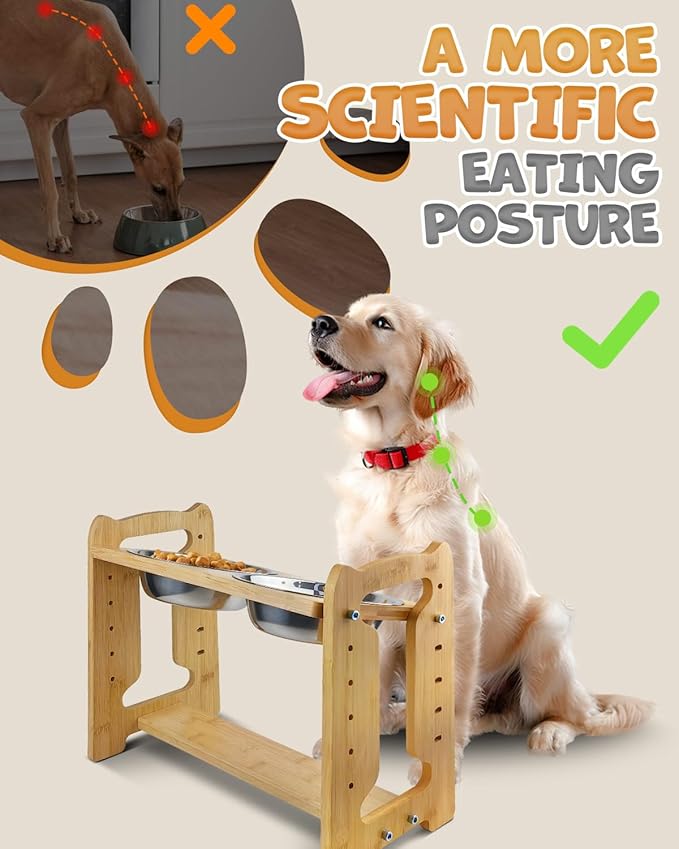 Elevated Dog Bowls, Adjustable Raised Dog Bowl Stand for Medium Size Dogs and Cats, Durable Bamboo Dogs Feeder with 2 Stainless Steel Bowls and Non-Slip Feet, Pet Food Bowl for Medium Sizes