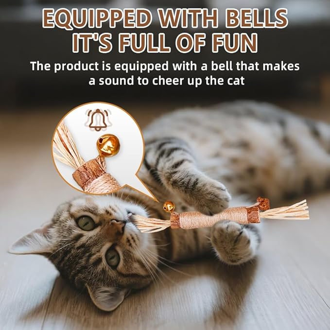 Natural Dried Matatabi Cat Chew Stick with Gall Fruit, Raffia Grass & Bell Cat Ball Toys, Handmade Silvervine Sticks Interactive Catnip Toy for Teething & Entertainment (Size M Color B)