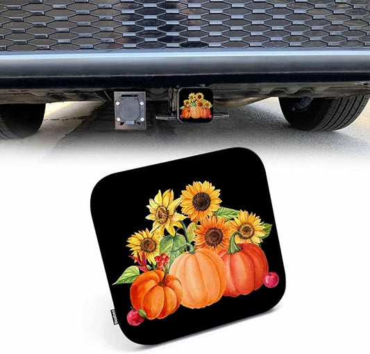 Pumpkin Trailer Hitch Covers Autumn Pumpkins Sunflowers Heavy Duty Receiver Tube Cover 2 Inch, Towing Hitch Plug Covers Hitch Caps for RVs SUVs Trucks and Cars
