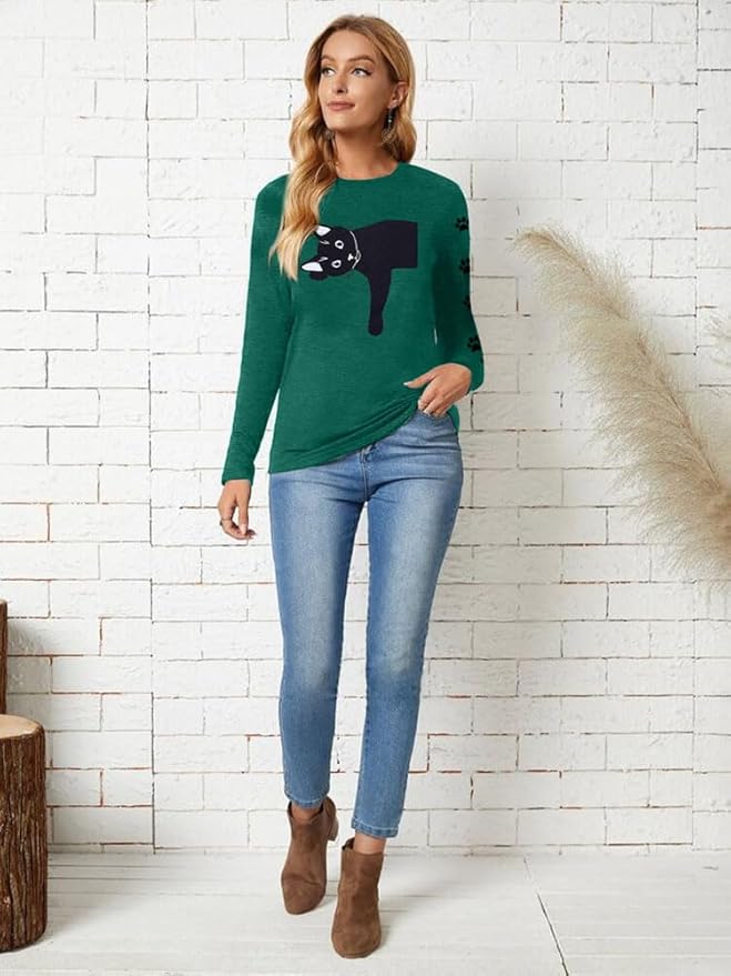 JINTING Cat Shirts for Women - Loose Fit Lightweight Long Sleeve Graphic Tee Fall Printed Crewneck Blouse Casual Tops
