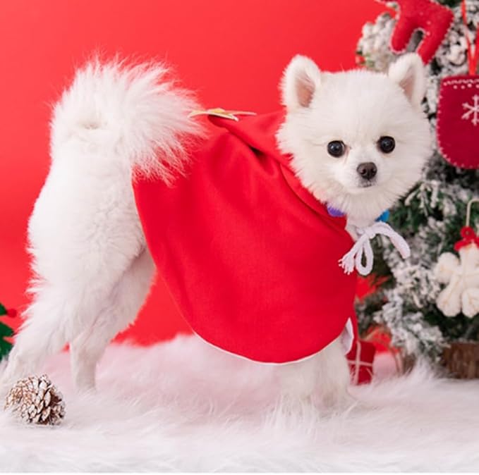 ANIAC Pet Dog Christmas Costume Puppy Xmas Cloak with Star and Pompoms Cat Santa Cape with Santa Hat Red Doggy Outfit Winter Cat Clothes for Kitten and Small to Medium Sized Dog (Small, Red)