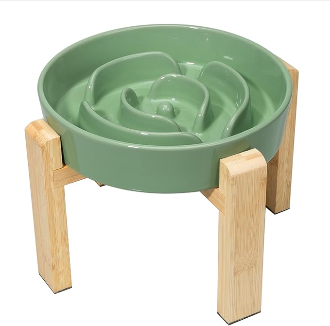 Elevated Slow Feeder Dog Bowl - Puzzle Maze Dish with Bamboo Stand - Raised Ceramic Food Bowl for Medium and Large Dogs - Green - 8.8 inch