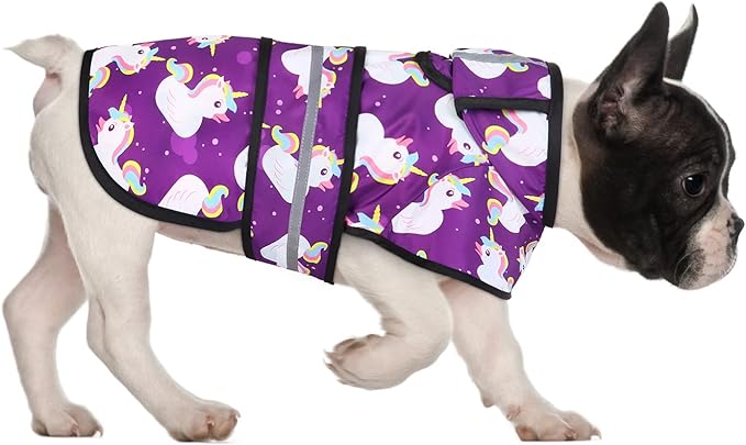 HDE Dog Raincoat Jacket Reflective Adjustable Hooded Pet Poncho Rain Coat with Leash Hole for Small to X-Large Dogs Purple Unicorn Ducks - M