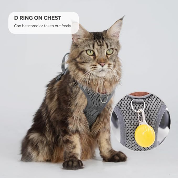 Cat Harness and Leash Set with AirTag Holder: Upgraded Escape Proof Vest with Lead for Small Dog Puppy Large Cat Walking，Soft Breathable Mesh Coat with Reflective Strip (Grey, L)